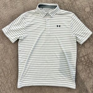 Men’s XXL under Armour three button polo with collar, white and gray